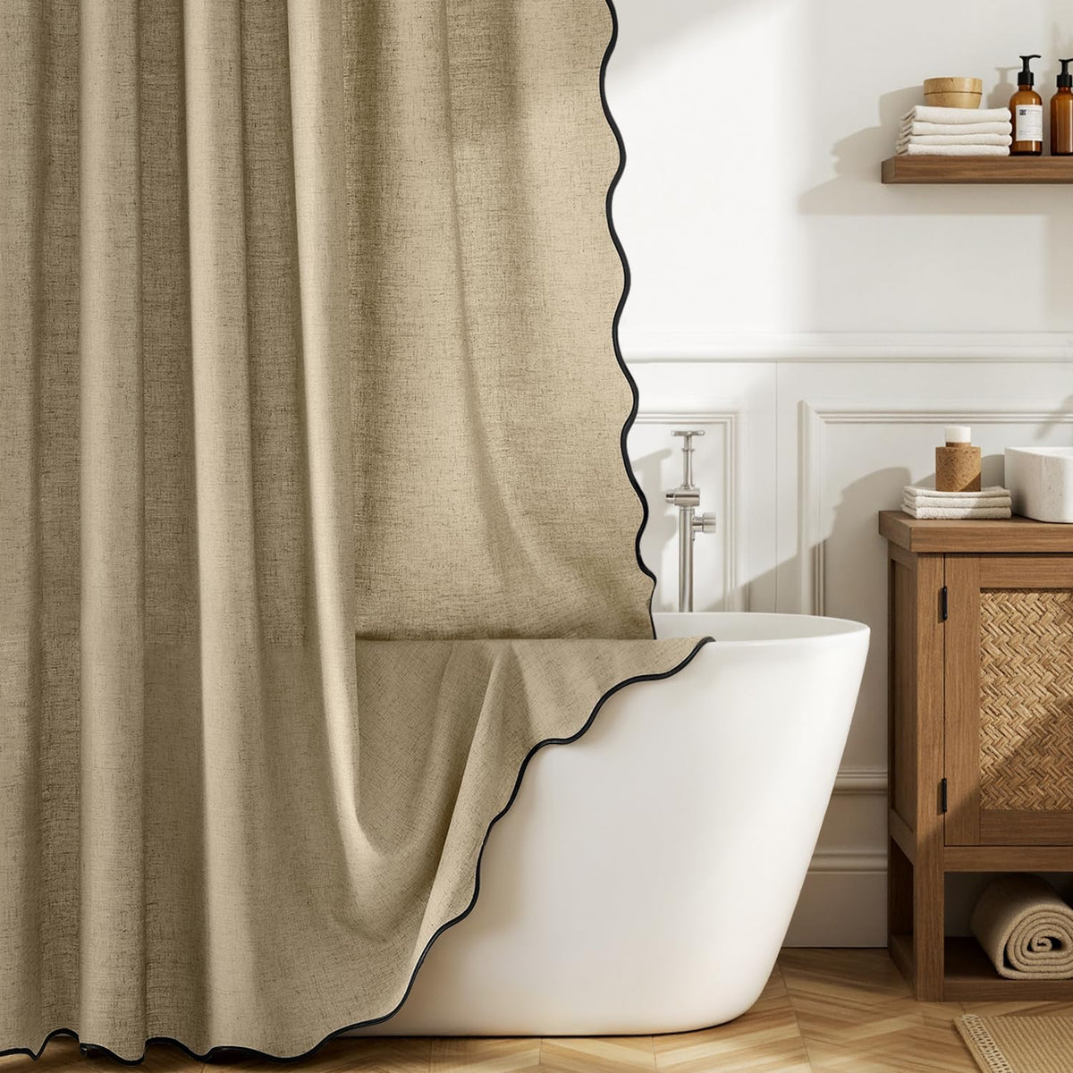MIULEE Natural Scalloped Linen Shower Curtain 72W x 72L