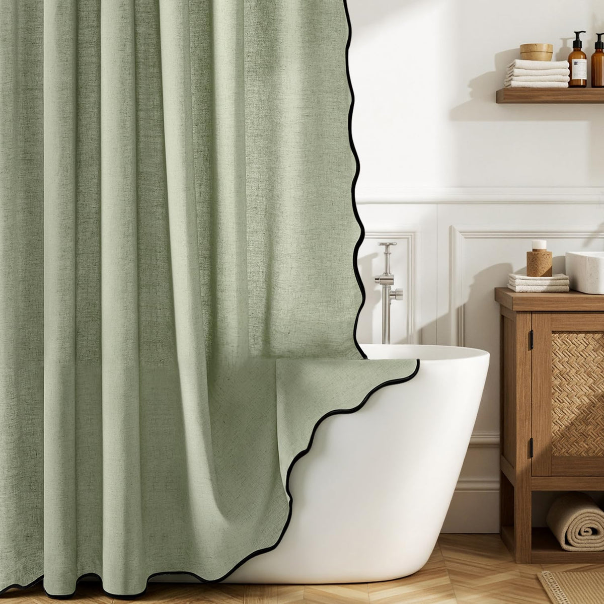 MIULEE Natural Scalloped Linen Shower Curtain 72W x 72L