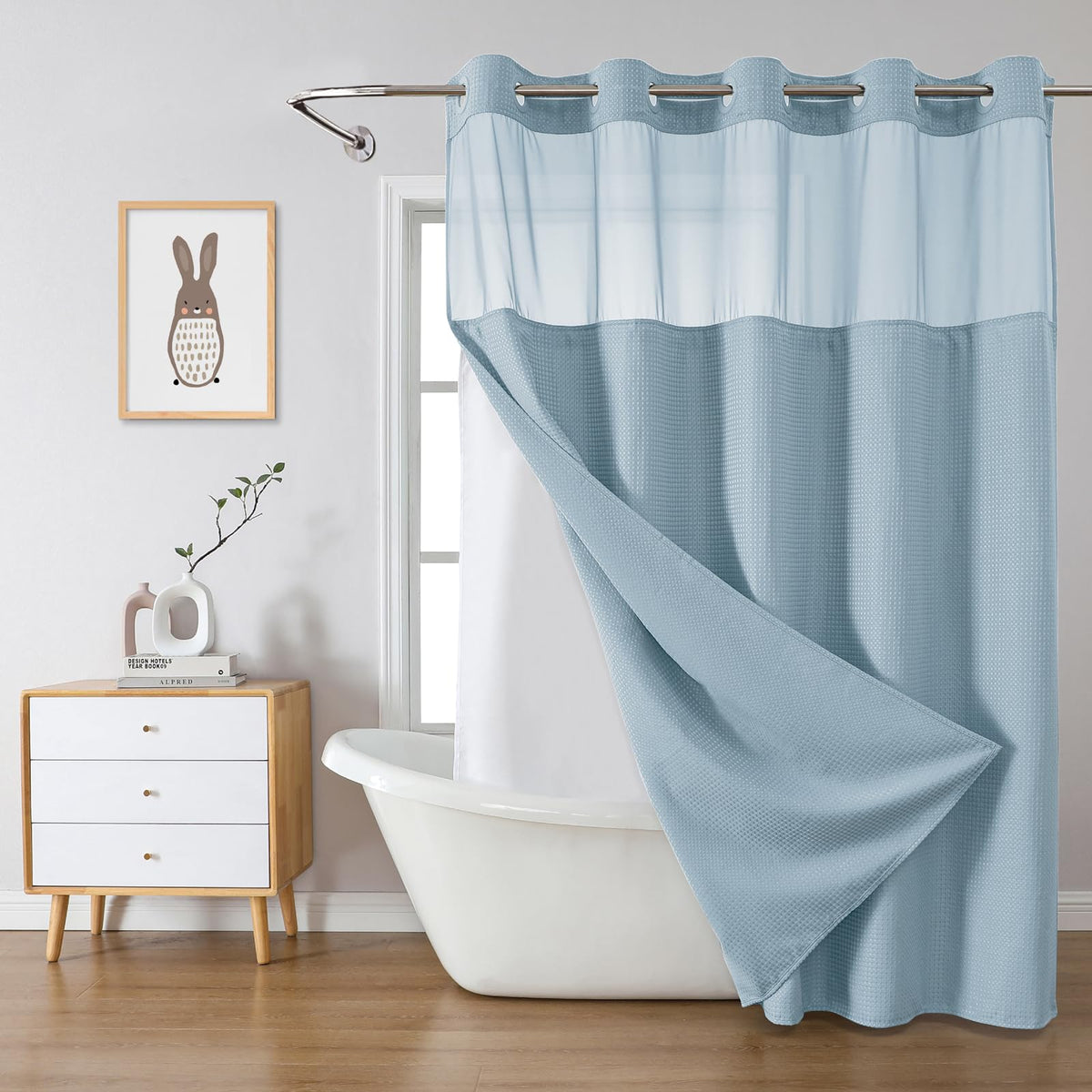 eachope No Hook Waffle Shower Curtain with Snap-in Liner, 71x74 Inch, Grey