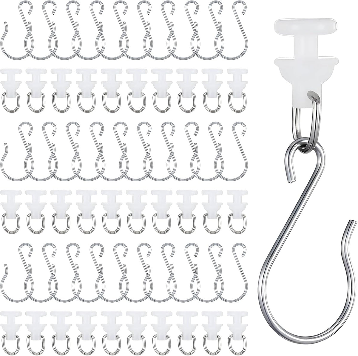 60 Pcs Curtain Track Gliders Hooks 30 Pcs Plastic White Ceiling Sliding and 30 Metal Hooks Curtain Tracks Carriers for Straight Curved Track Hook Tracks Rail Runner for Window Shower Curtains