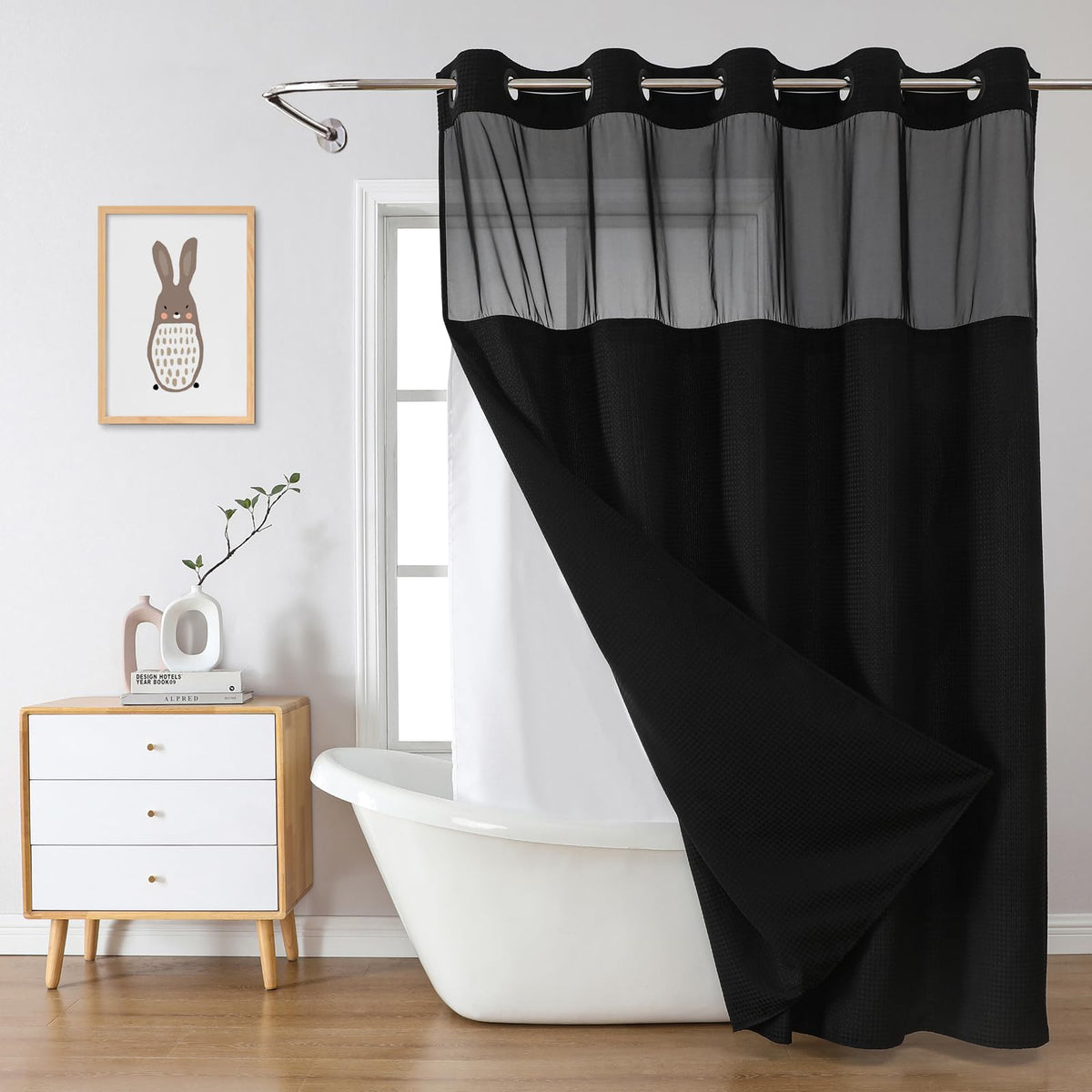 eachope No Hook Waffle Shower Curtain with Snap-in Liner, 71x74 Inch, Grey
