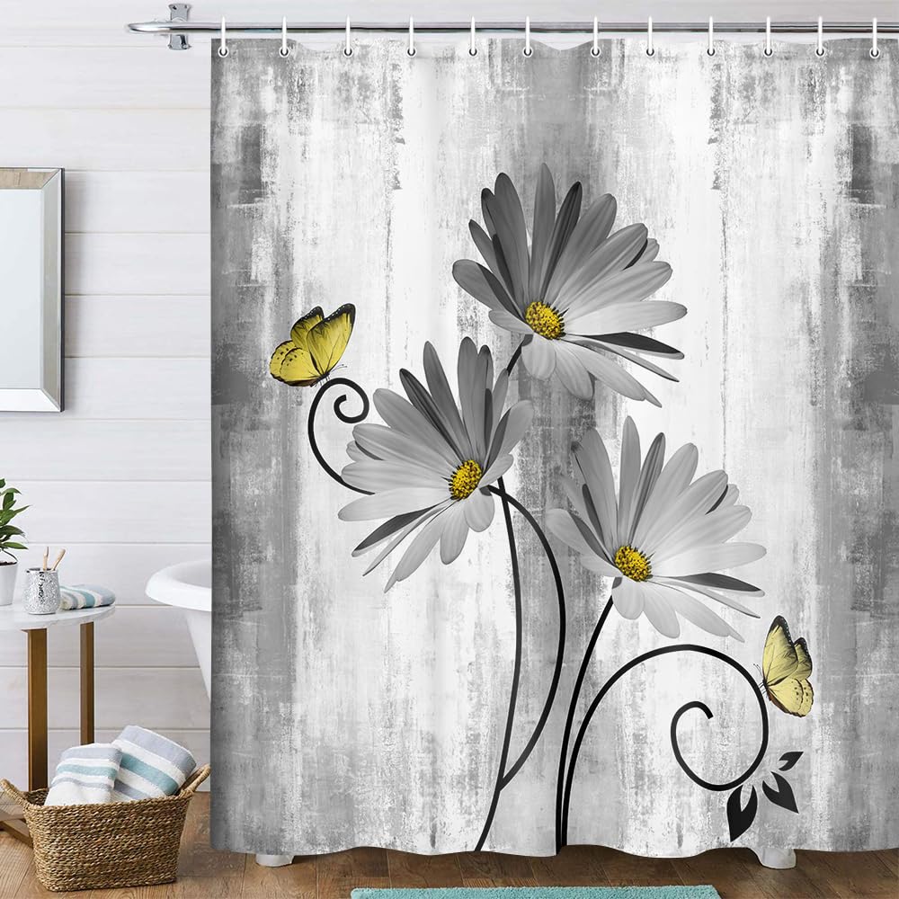 Rustic Farmhouse Shower Curtain, Farm Tan Cream Daisy Floral Flowers and Butterfly on Country Wooden Shower Curtains for Bathroom, Beige Brown Home Decor with 12PCS Hooks, 70X70IN