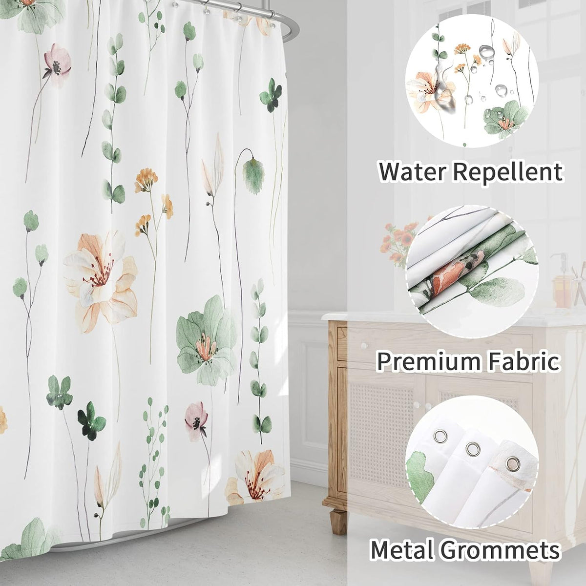 Gibelle Sage Green Beige Watercolor Floral Fabric Shower Curtain 72x72