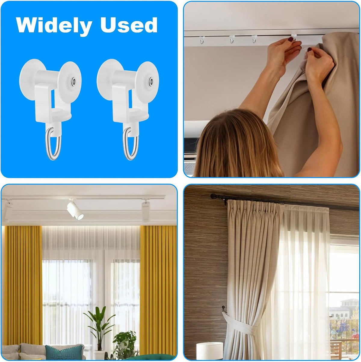 Nogeqi 100PCS Curtain Track Gliders, Dual Wheel Curtain Track Hooks with Stainless Steel Hook, Mute Plastic Roller Hooks for Ceiling Drapes Sliding Glider Compatible with Most Tracks, Easy Install