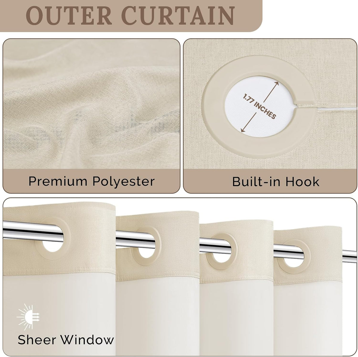 WONICY Hook-Free Shower Curtain with Snap-in Liner, Cream, 71 x 74