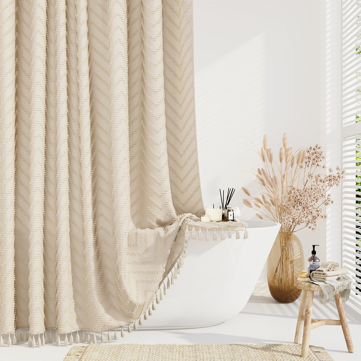 Dynamene Boho Farmhouse Fabric Shower Curtain Tufted Chevron 72"x72" Black