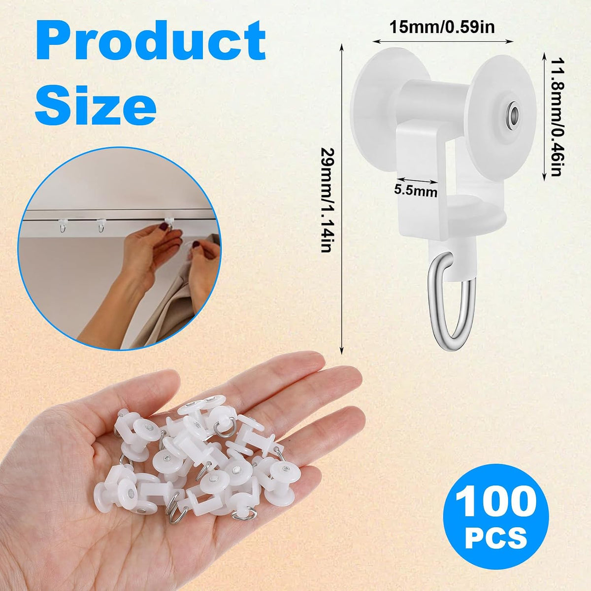 Nogeqi 100PCS Curtain Track Gliders, Dual Wheel Curtain Track Hooks with Stainless Steel Hook, Mute Plastic Roller Hooks for Ceiling Drapes Sliding Glider Compatible with Most Tracks, Easy Install