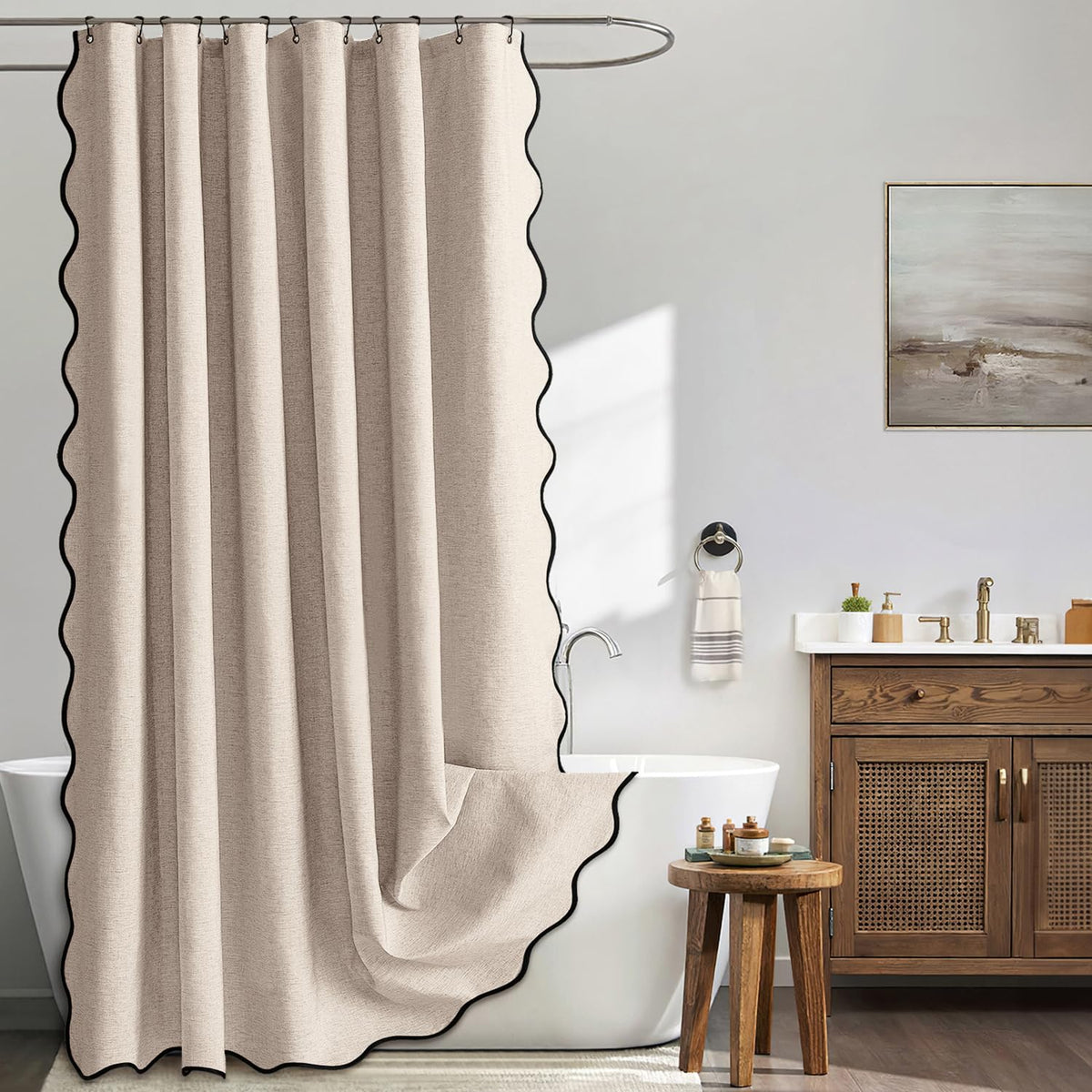 MIULEE Beige Scalloped Shower Curtain Linen Textured with 12 Metal Hooks Cute Heavy Duty Washable Waterproof Neutral Thick Cloth Shower Curtains with Black Border for Bathroom Bathtub,W72*L72 Cream