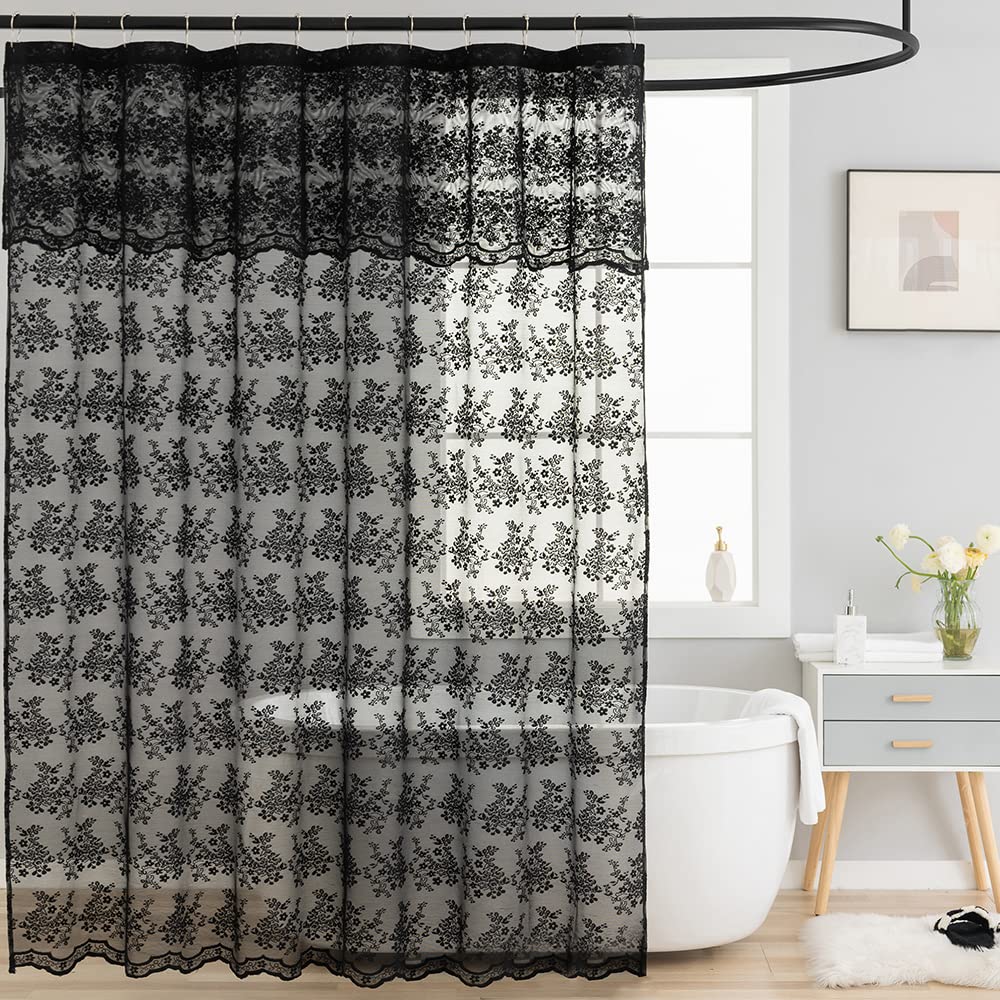 TUDECO Pink Lace Shower Curtain with Attached Valance, 72x72 Inch, 1 Panel