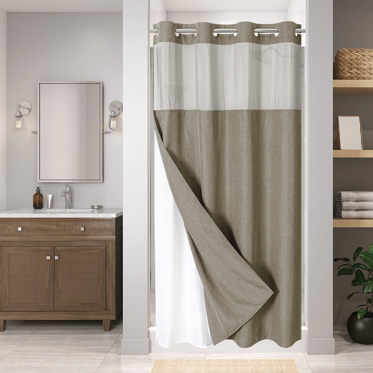 Eachope No Hooks Polyester Textured Shower Curtain with Snap-in Fabric Liner Set, Hotel Luxury Decor Shower Curtains for Bathroom with See Through Top Window, Waterproof & Washable, 71Wx74H, Cream