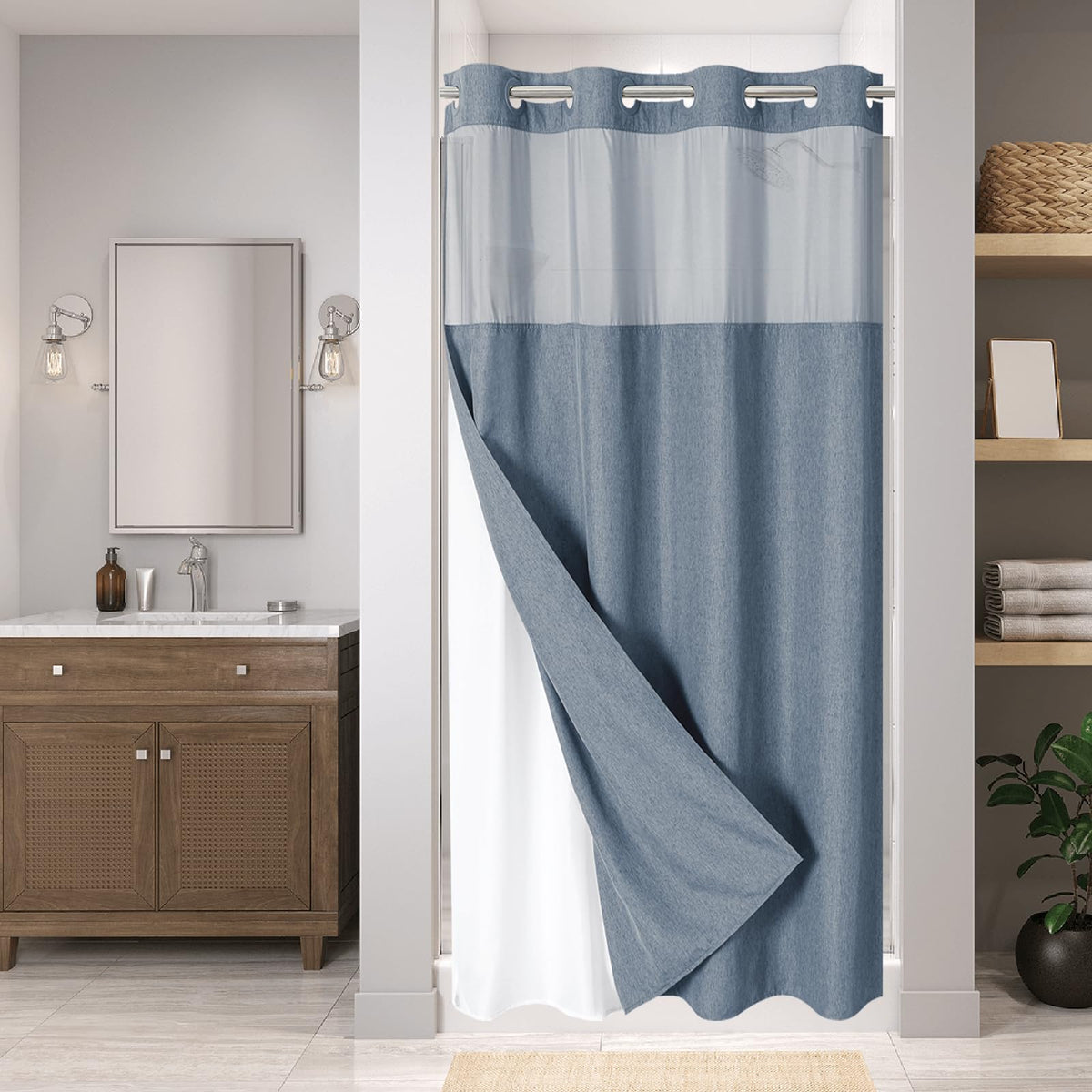 Eachope No Hooks Polyester Textured Shower Curtain with Snap-in Fabric Liner Set, Hotel Luxury Decor Shower Curtains for Bathroom with See Through Top Window, Waterproof & Washable, 71Wx74H, Cream