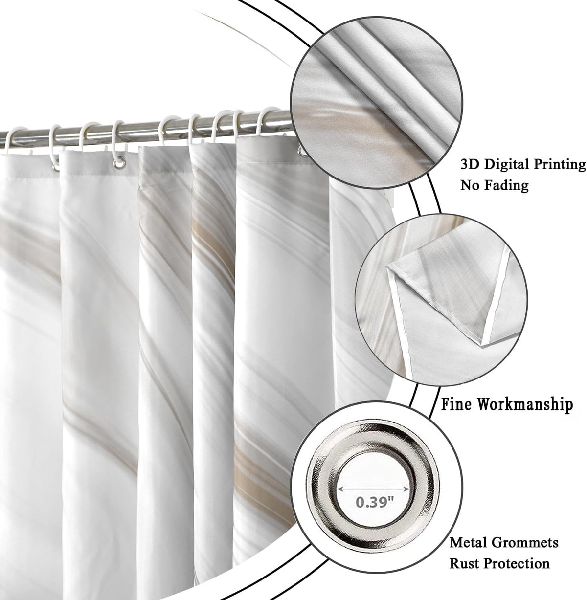Brown Marble Shower Curtain, Grey Brown Modern Abstract Wave Luxury Bathroom Curtain Bathtub Home Decor Waterproof Fabric Machine Washable with 12 PCS Hooks,72" Wx72 L