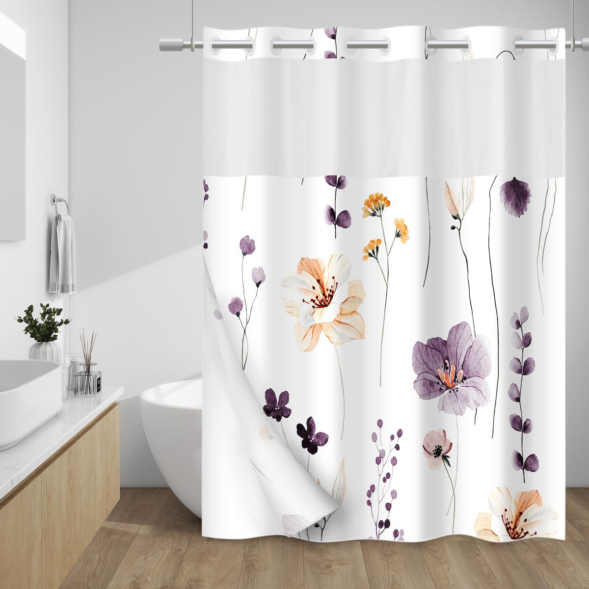 WITHLOC Hook Free Floral Shower Curtain with Liner, Blue Beige, 71x74