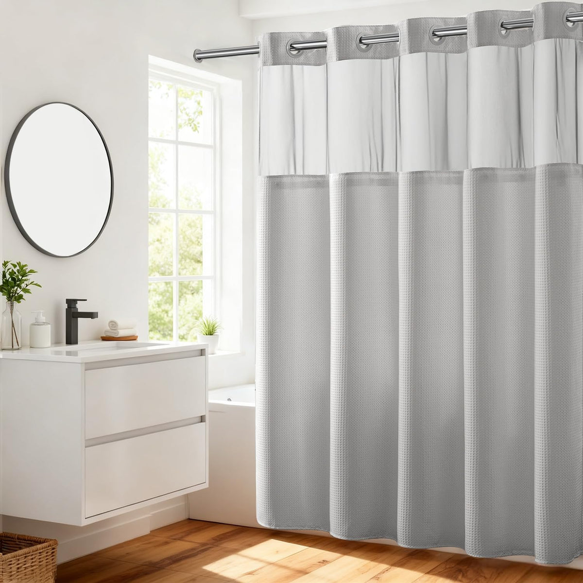 RiverDream Heavyweight Waffle No Hook Shower Curtain with Liner,White,71x74