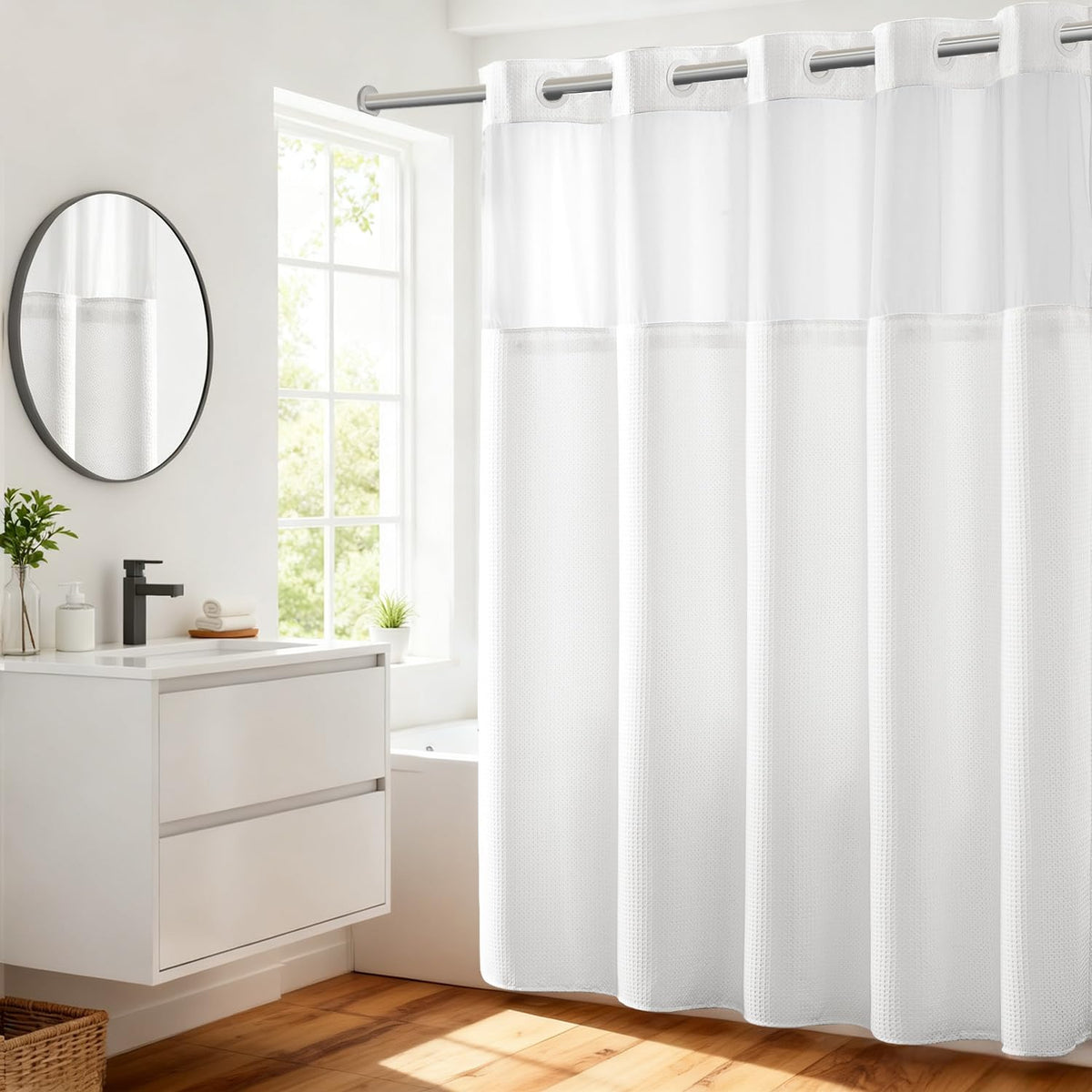 RiverDream Heavyweight Waffle No Hook Shower Curtain with Liner,White,71x74