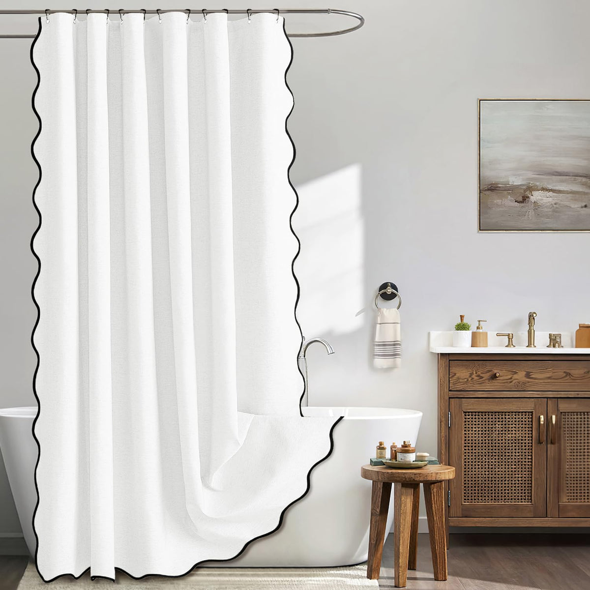MIULEE Beige Scalloped Shower Curtain Linen Textured with 12 Metal Hooks Cute Heavy Duty Washable Waterproof Neutral Thick Cloth Shower Curtains with Black Border for Bathroom Bathtub,W72*L72 Cream