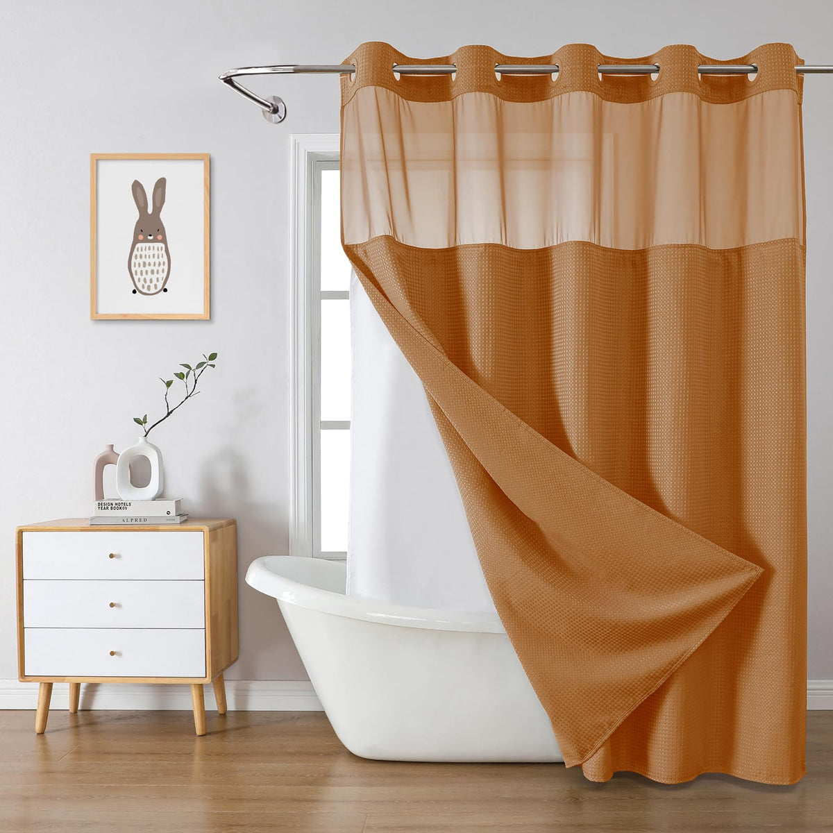 eachope No Hook Waffle Shower Curtain with Snap-in Liner, 71x74 Inch, Grey