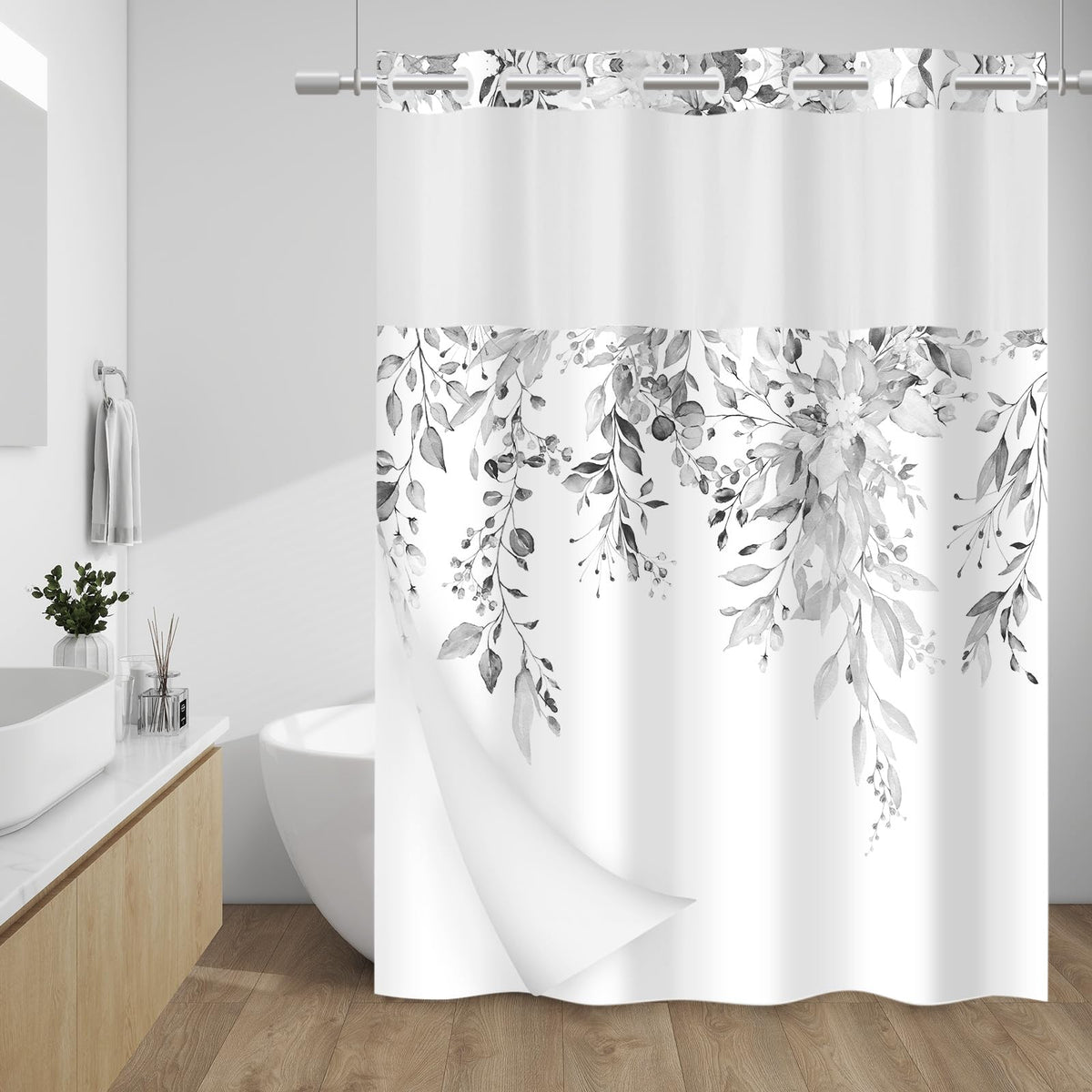 WITHLOC Hook Free Floral Shower Curtain with Liner, Blue Beige, 71x74