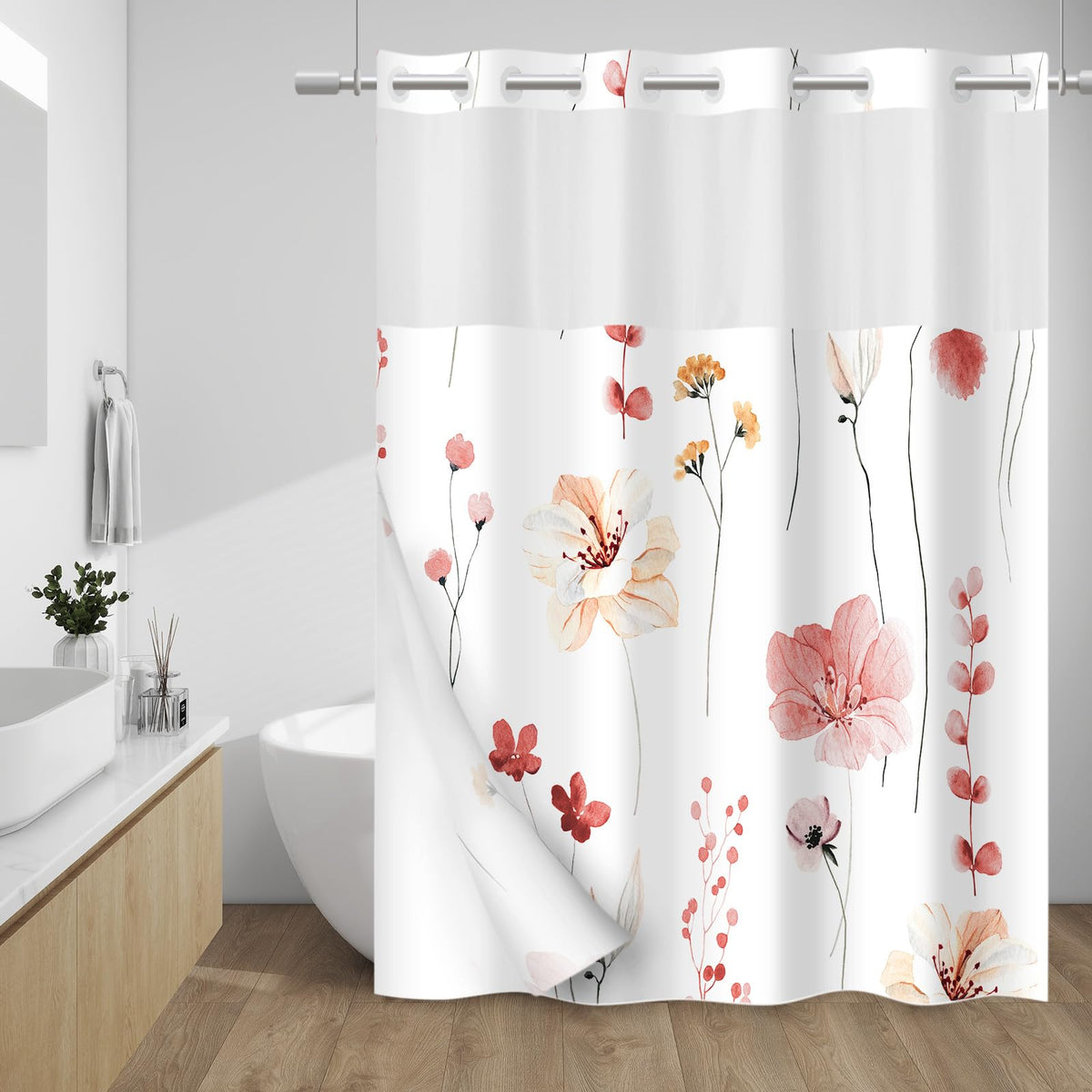WITHLOC Hook Free Floral Shower Curtain with Liner, Blue Beige, 71x74