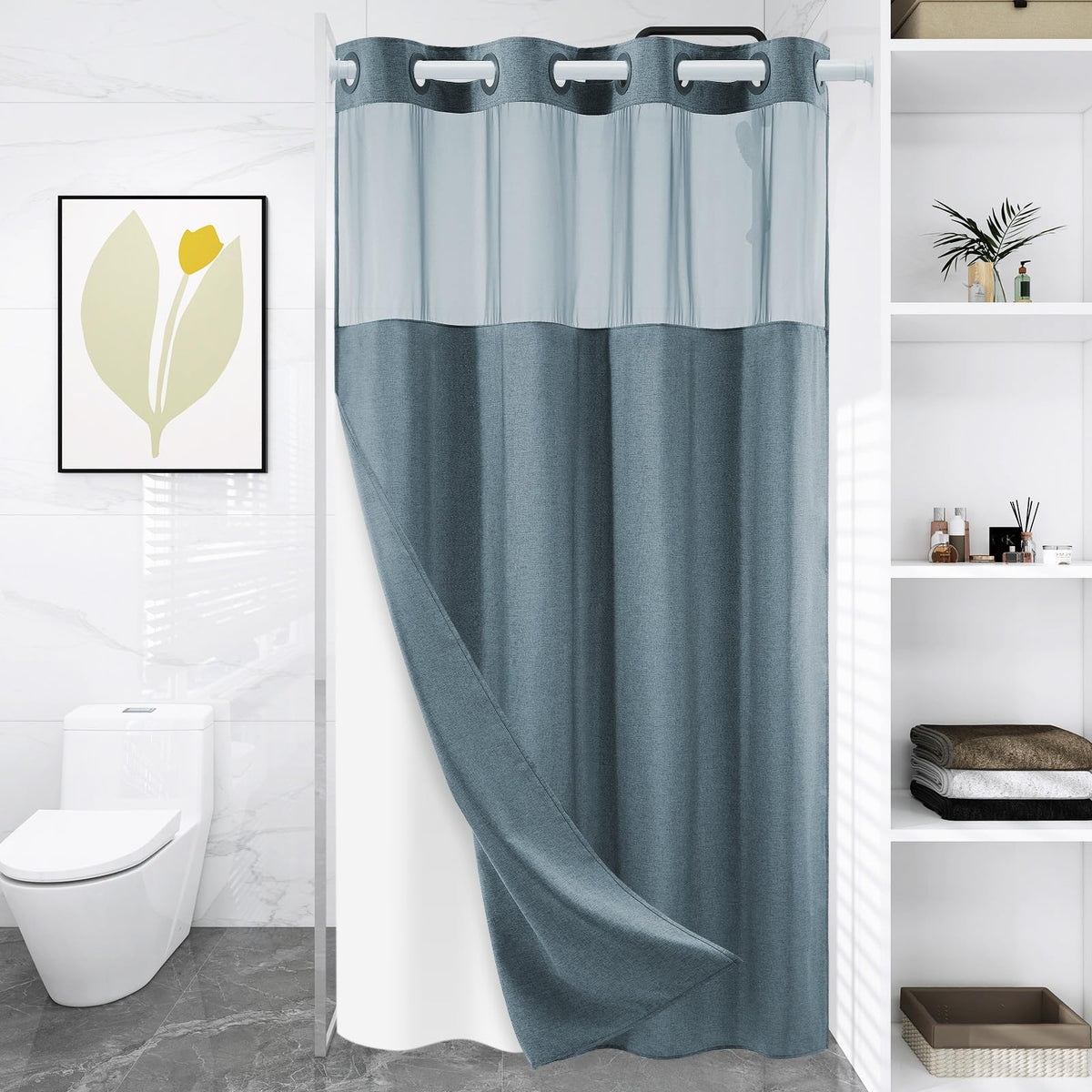 WONICY Hook-Free Shower Curtain with Snap-in Liner, Cream, 71 x 74