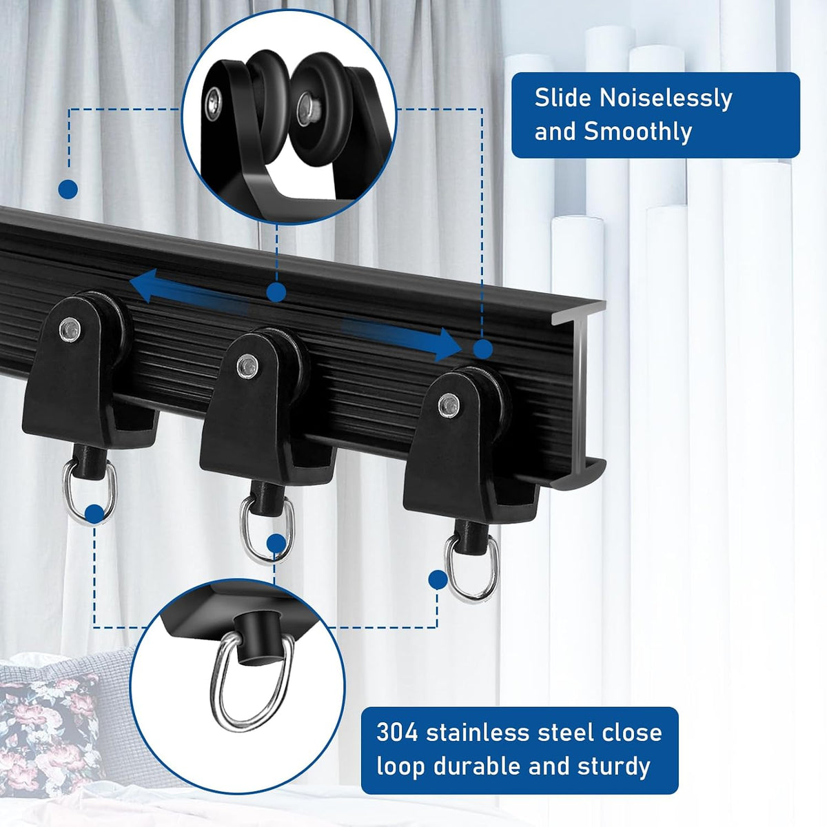TOKPLNU Curtain Track Rollers, Flexible Bendable Curtain Track Glider 40 Pack Black Drapery Runners for Window Shower Curtain