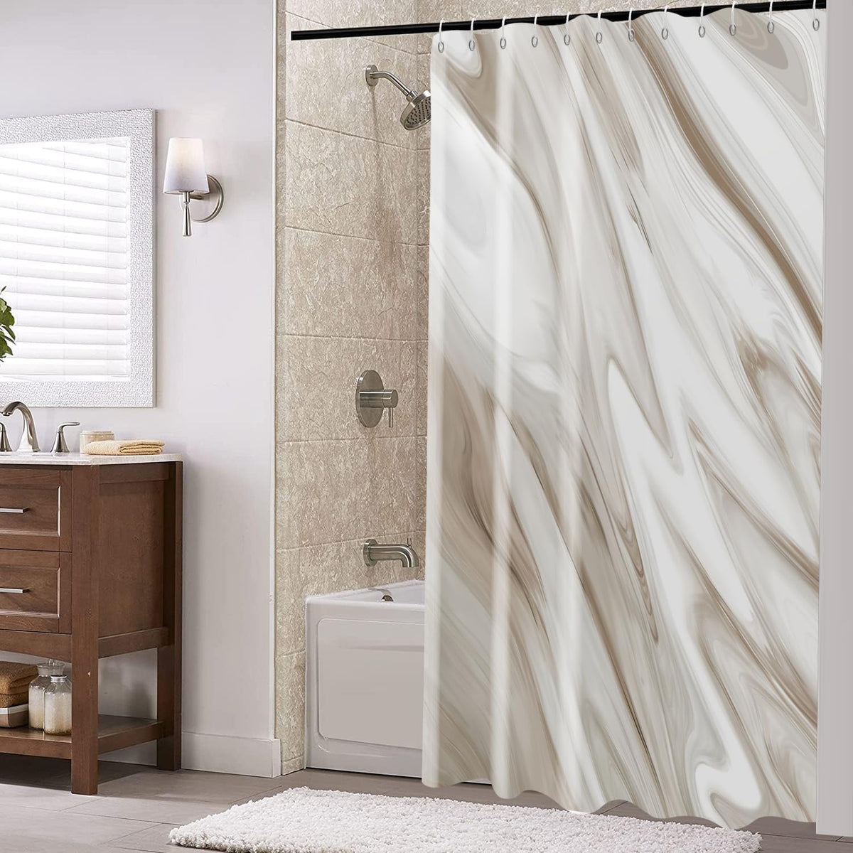 Brown Marble Shower Curtain, Grey Brown Modern Abstract Wave Luxury Bathroom Curtain Bathtub Home Decor Waterproof Fabric Machine Washable with 12 PCS Hooks,72" Wx72 L