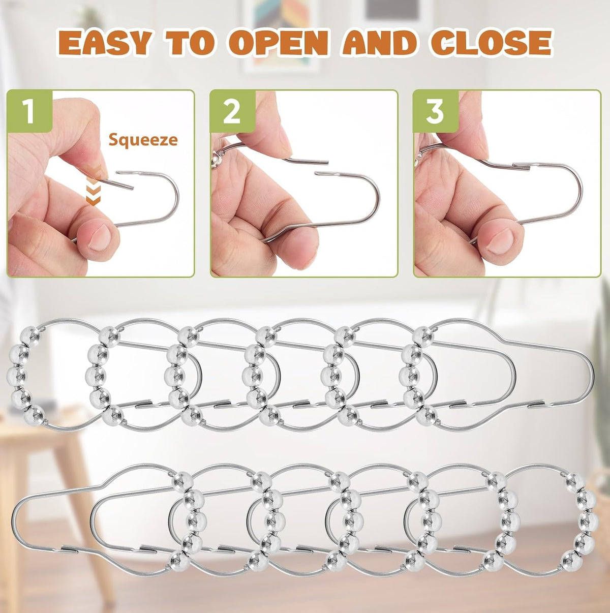 12 Shower Curtain Hooks, Rust-Resistant/Stainless Steel Material