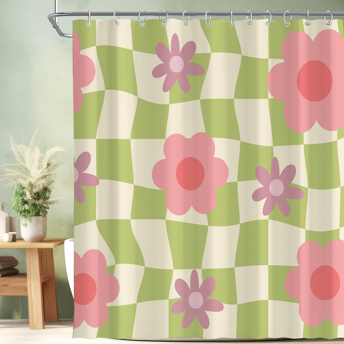 Black Cute Retro Floral Abstract 70s Aesthetic 72W*72H Inch Shower Curtain