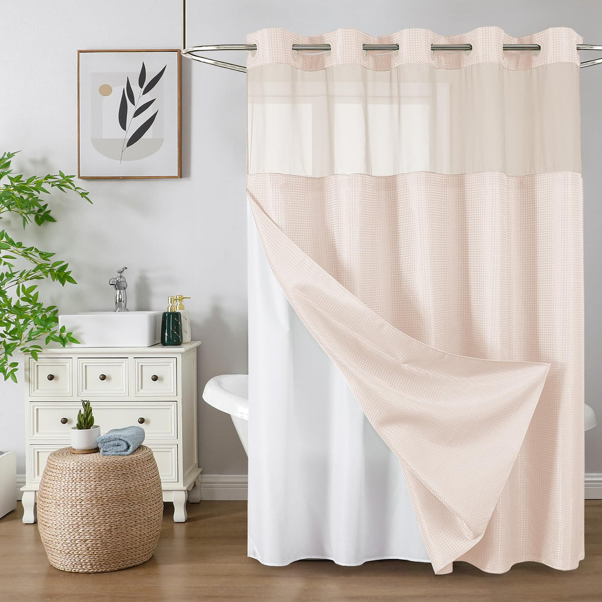 Colorful Star Sage Green No Hook Waffle Shower Curtain Set, 72 x 75 Inch