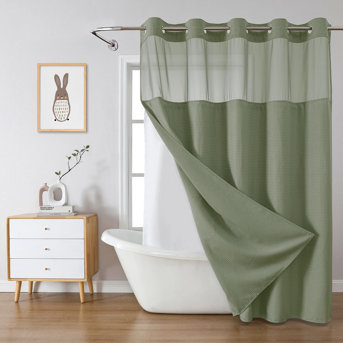 eachope No Hook Waffle Shower Curtain with Snap-in Liner, 71x74 Inch, Grey