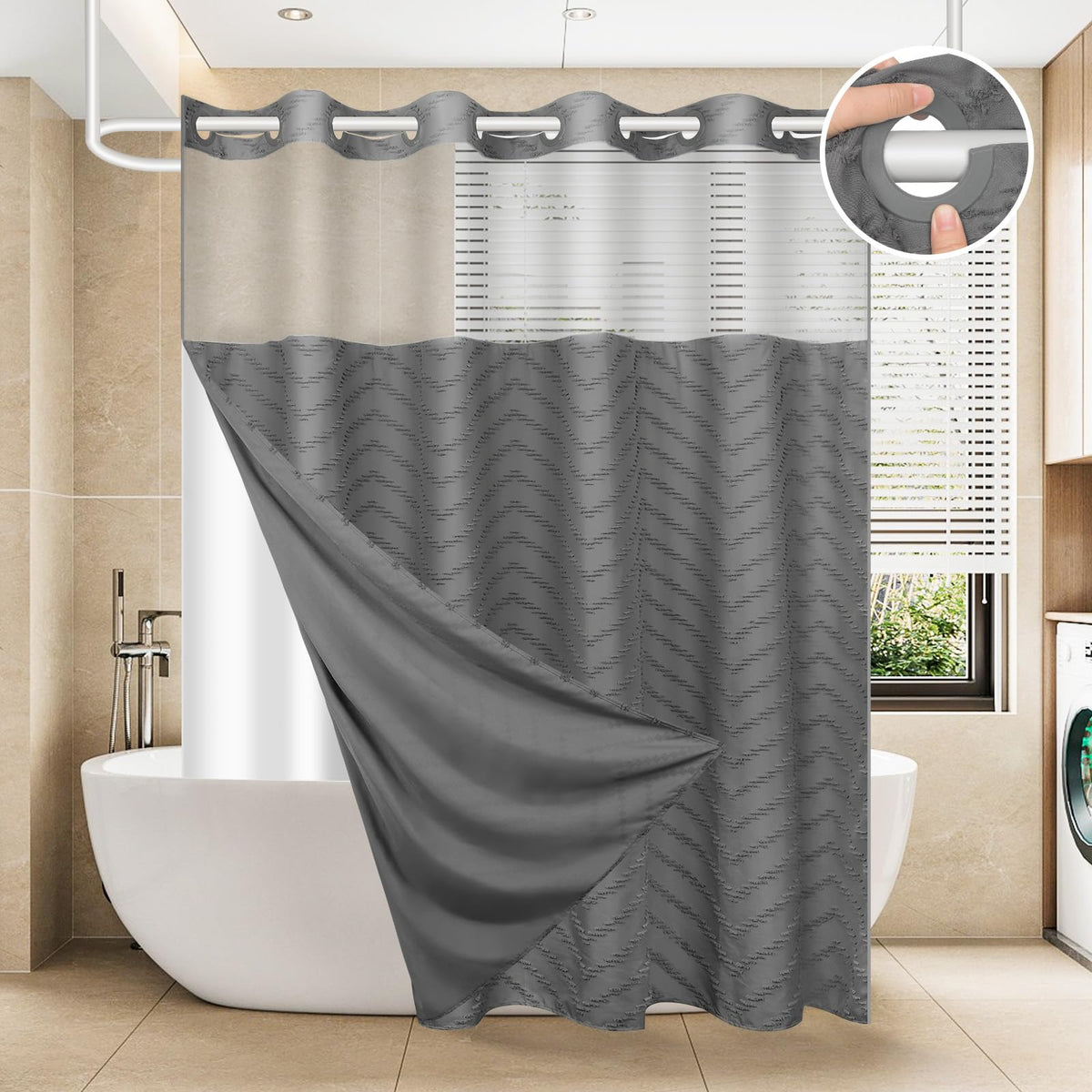 FADOTY Black No Hook Shower Curtain Set with Snap in Liner, 71'' x 74''