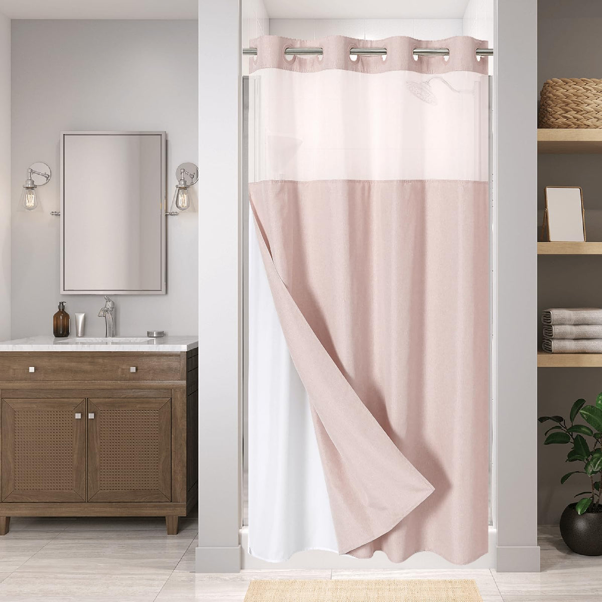 Eachope No Hooks Polyester Textured Shower Curtain with Snap-in Fabric Liner Set, Hotel Luxury Decor Shower Curtains for Bathroom with See Through Top Window, Waterproof & Washable, 71Wx74H, Cream