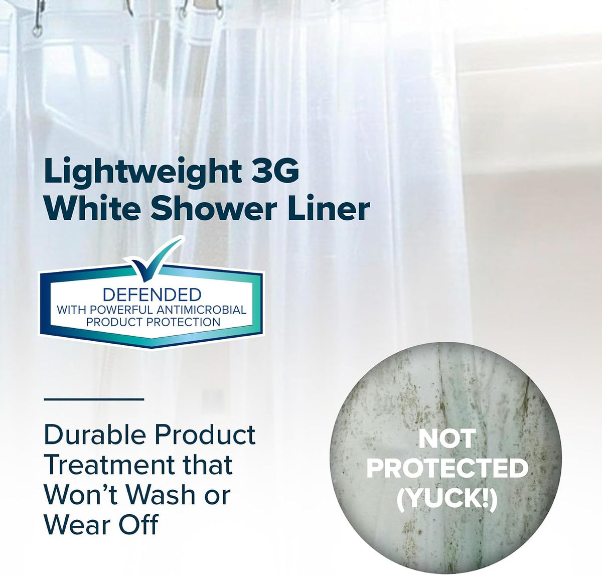 SlipX Solutions Protected Shower Curtain Liner, 3G Lightweight, 70"x72", White