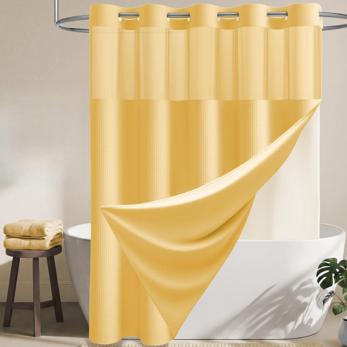 Dynamene Ringless Waffle Weave Fabric Shower Curtain Set, Black, 72"x75"