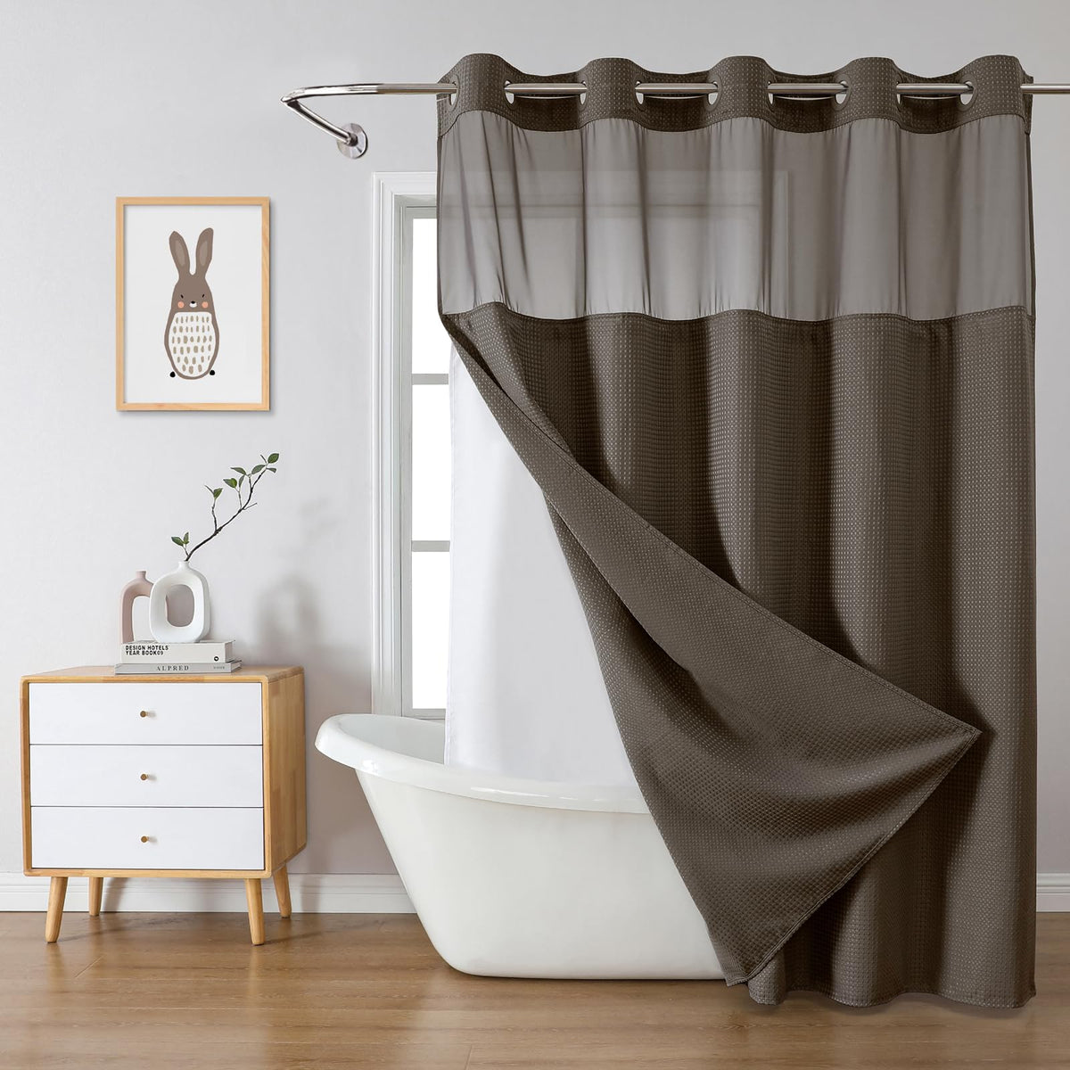 eachope No Hook Waffle Shower Curtain with Snap-in Liner, 71x74 Inch, Grey