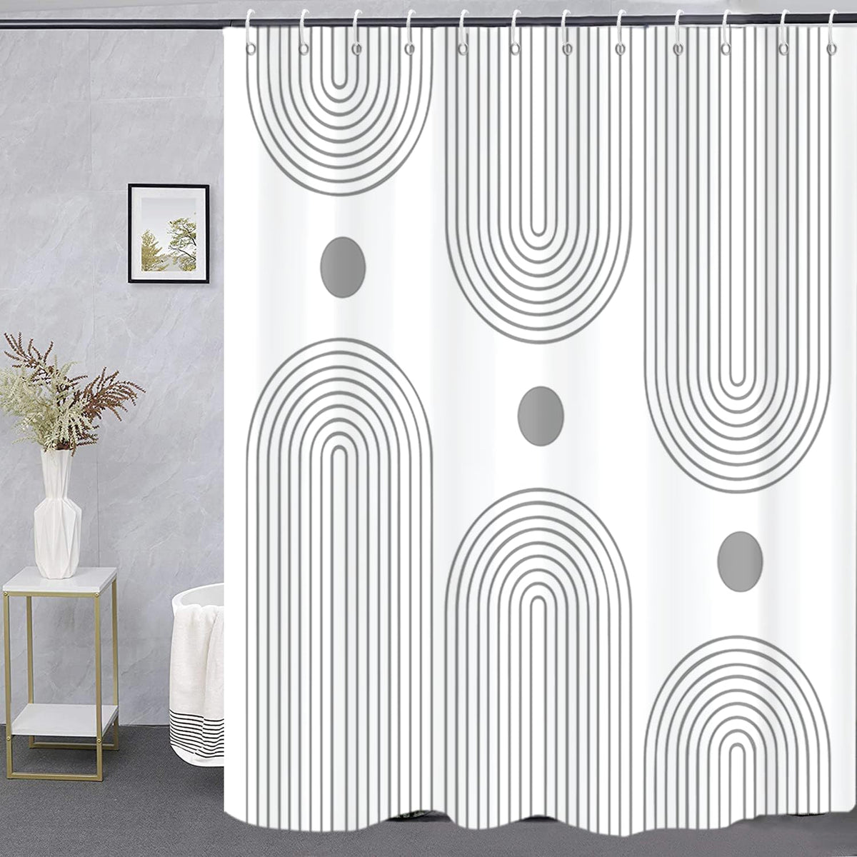 Boho Mid Century Shower Curtain, Modern Abstract with Hooks 72x72