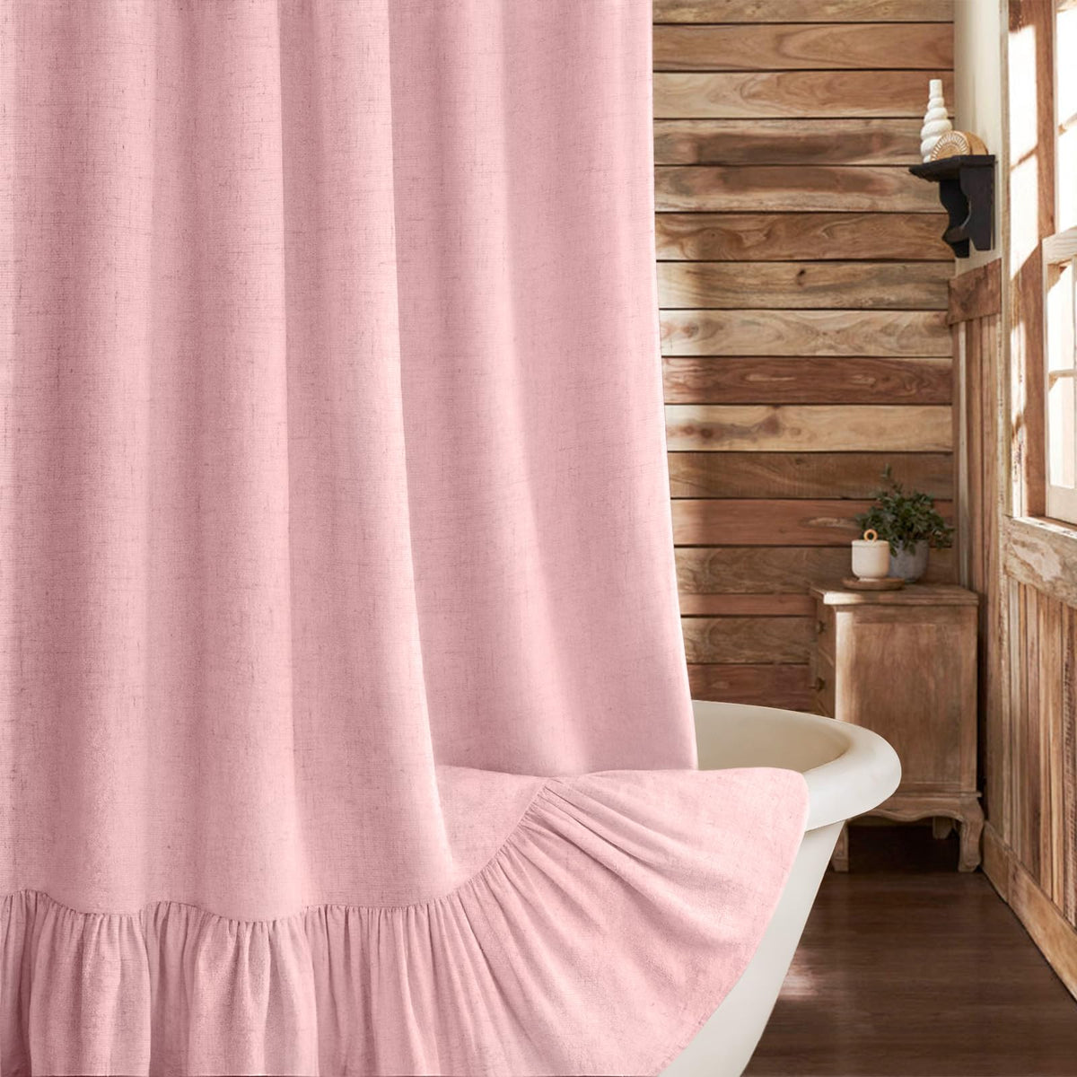 Farmhouse Shower Curtain Ruffle Linen Cream-Green Stripe 72"W x 72"L