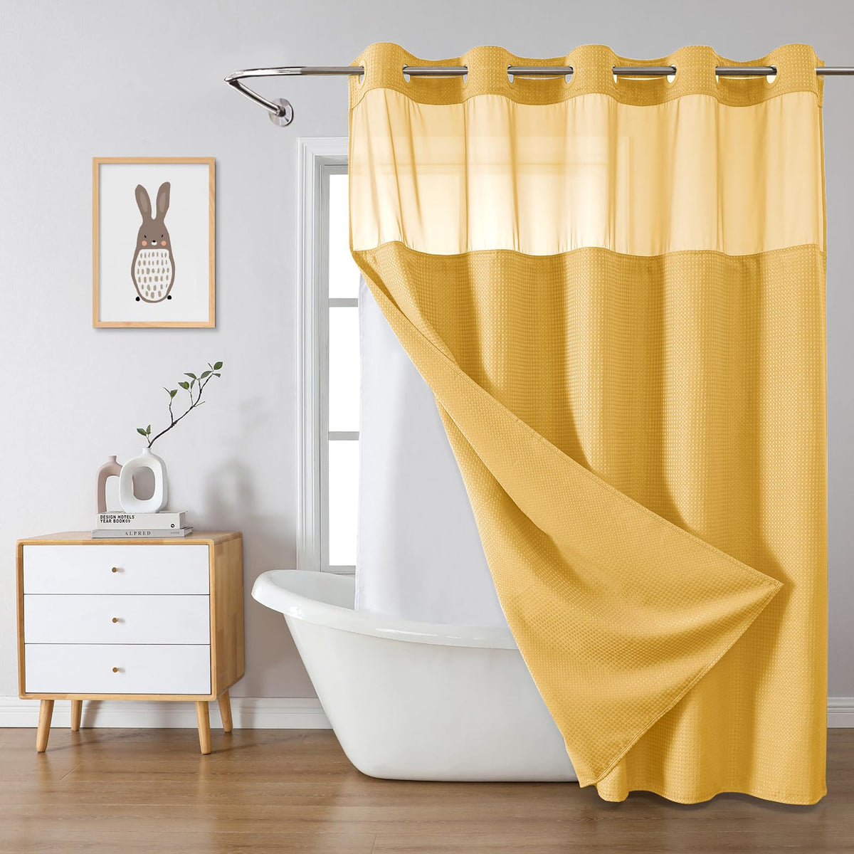 eachope No Hook Waffle Shower Curtain with Snap-in Liner, 71x74 Inch, Grey