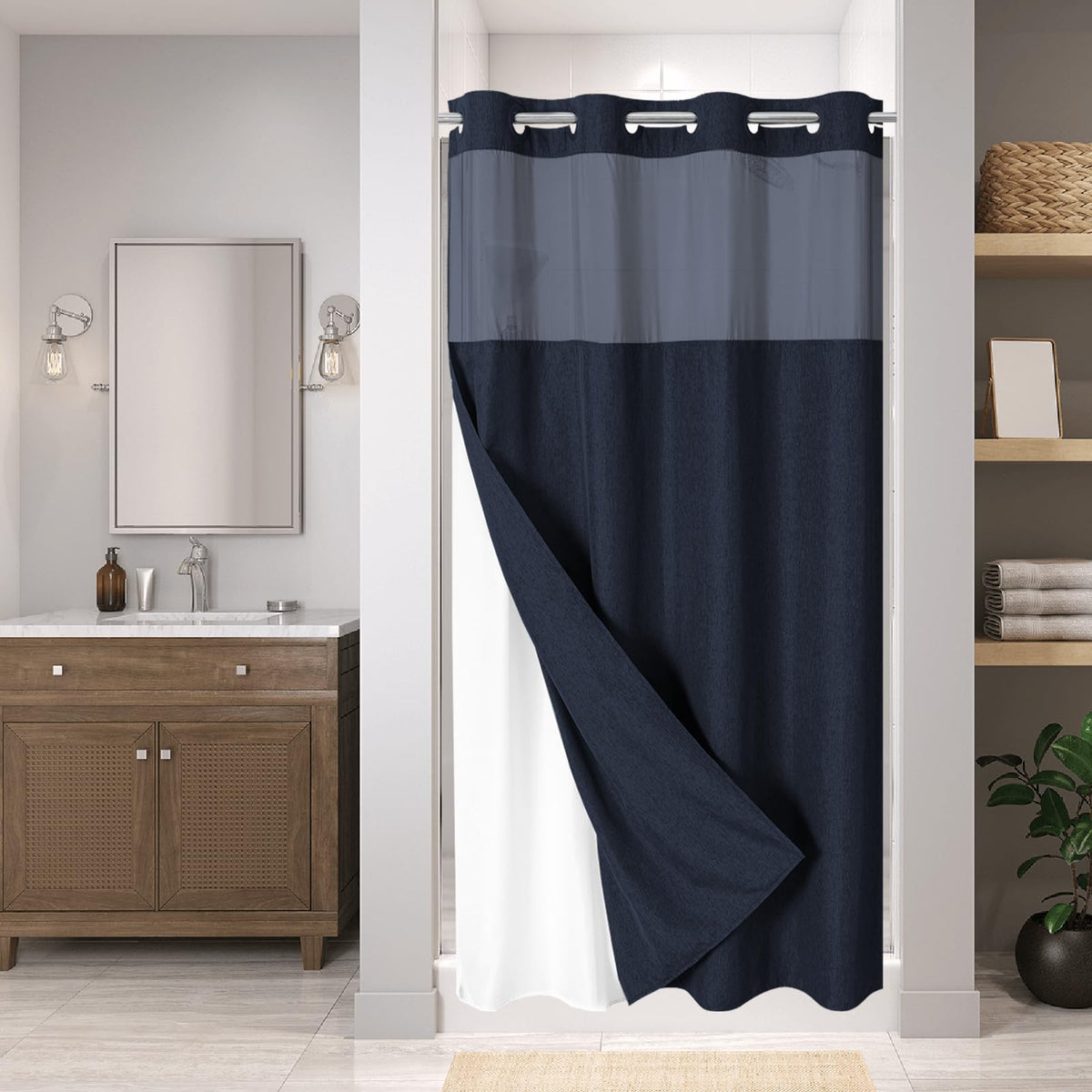 Eachope No Hooks Polyester Textured Shower Curtain with Snap-in Fabric Liner Set, Hotel Luxury Decor Shower Curtains for Bathroom with See Through Top Window, Waterproof & Washable, 71Wx74H, Cream