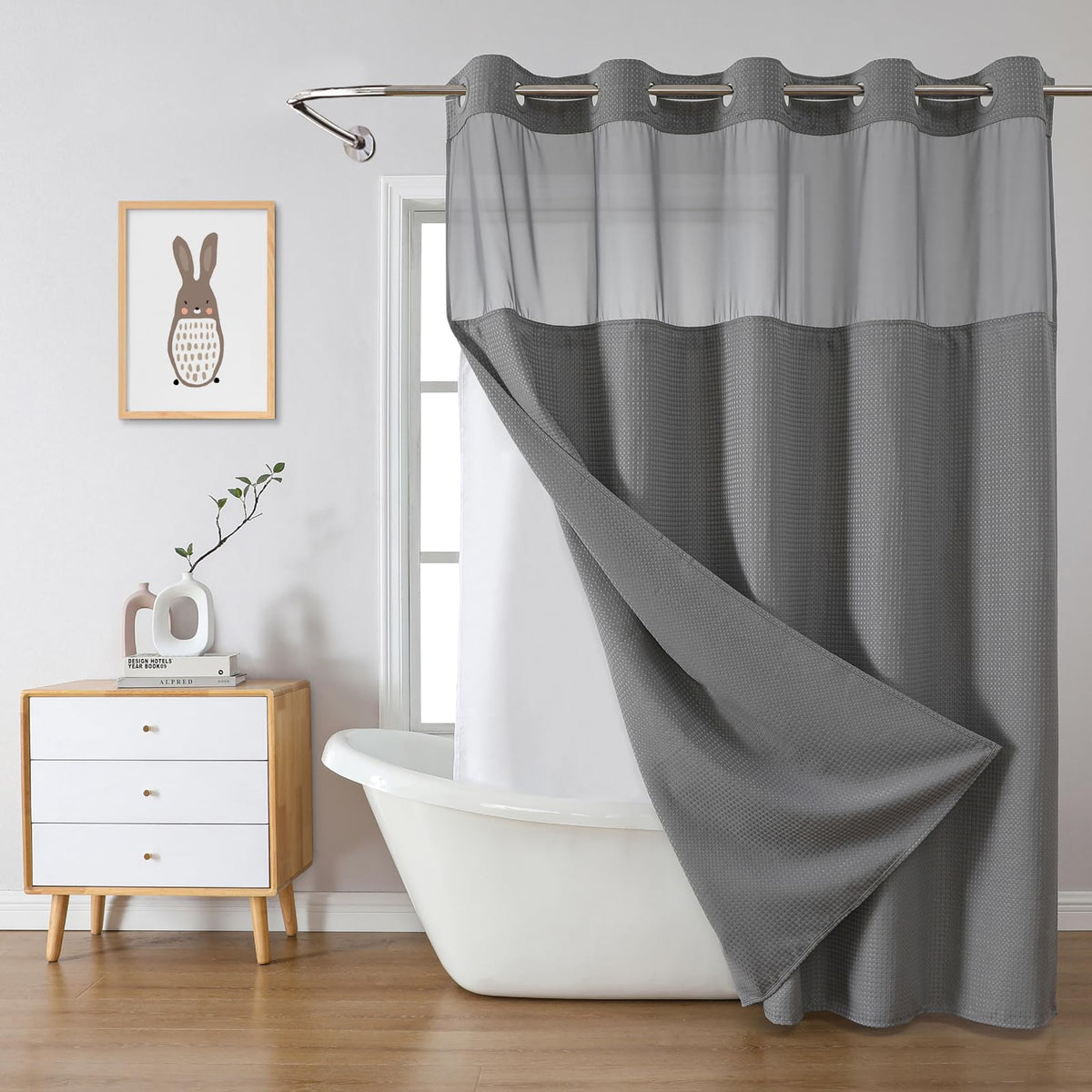 eachope No Hook Waffle Shower Curtain with Snap-in Liner, 71x74 Inch, Grey