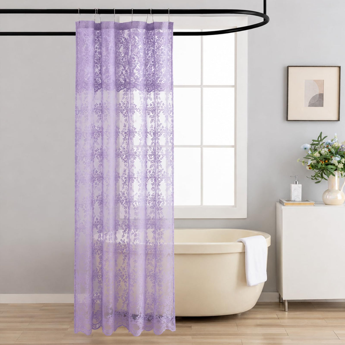 TUDECO Pink Lace Shower Curtain with Attached Valance, 72x72 Inch, 1 Panel