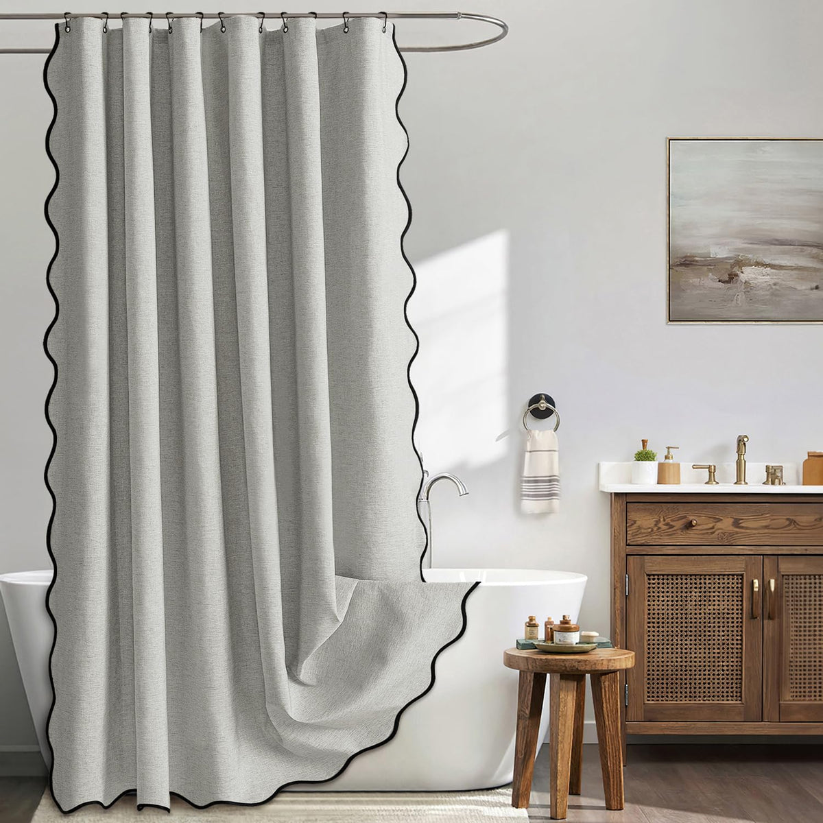 MIULEE Beige Scalloped Shower Curtain Linen Textured with 12 Metal Hooks Cute Heavy Duty Washable Waterproof Neutral Thick Cloth Shower Curtains with Black Border for Bathroom Bathtub,W72*L72 Cream