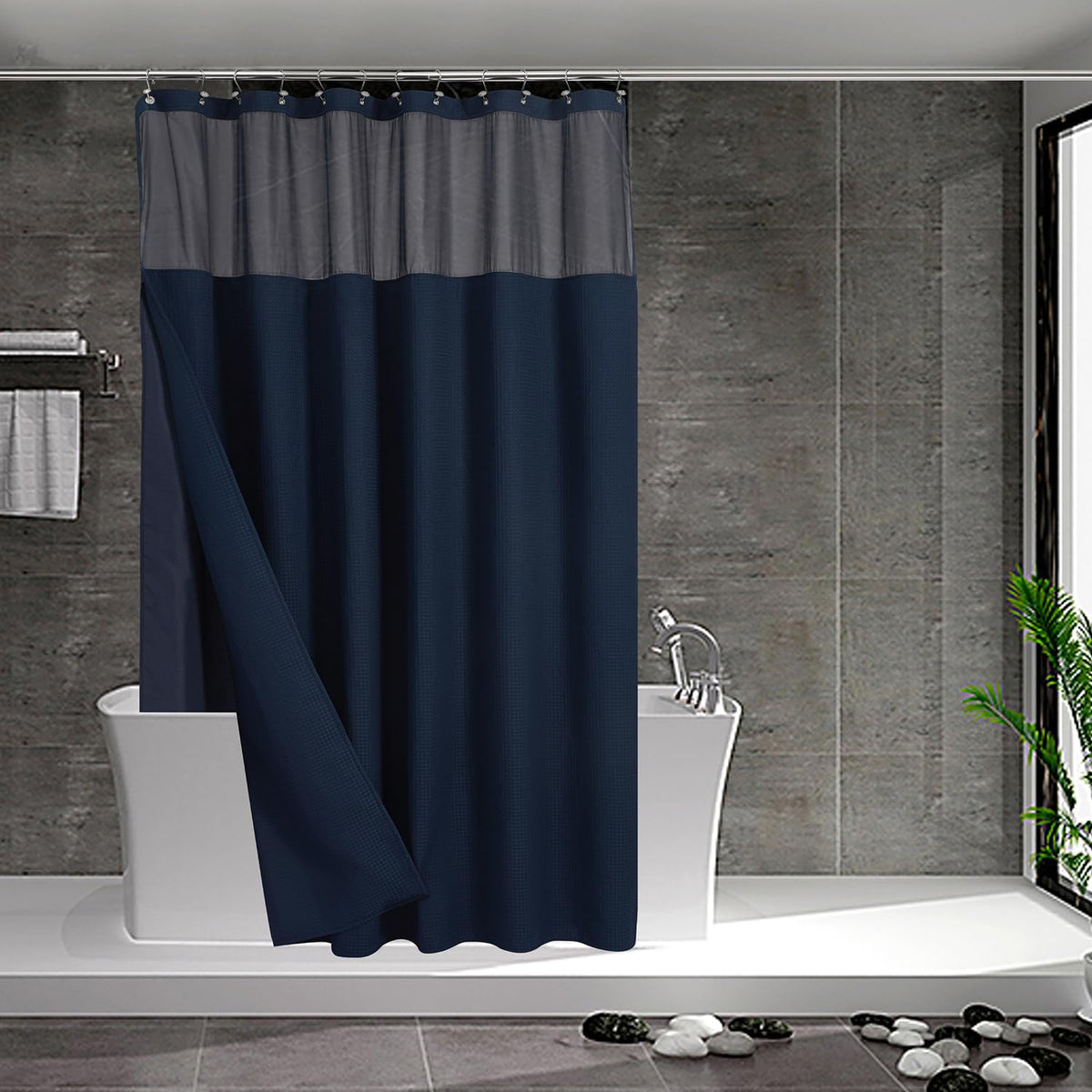 N&Y HOME Waffle Weave Shower Curtain with Snap-in Liner Set Blue, 71x72