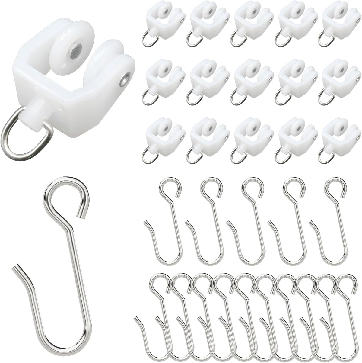 Flexible Bendable Ceiling Curtain Track Roller Hooks Plastic Metal Gliders with Hooks for Shower Window（15PCS-White）