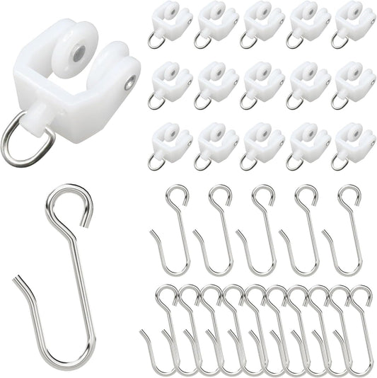 Flexible Bendable Ceiling Curtain Track Roller Hooks Plastic Metal Gliders with Hooks for Shower Window（15PCS-White）