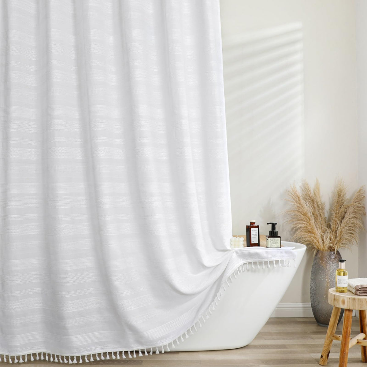 OVZME Natural Linen Shower Curtain for Bathroom, Boho Farmhouse Rustic Striped Shower Curtain with Tassel, Textured Heavy Duty Vintage Country Bathroom Curtain, 72Wx72L Inches