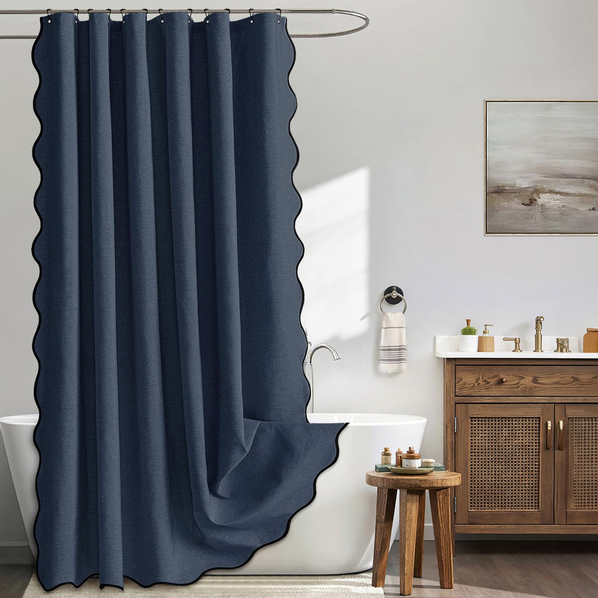 MIULEE Beige Scalloped Shower Curtain Linen Textured with 12 Metal Hooks Cute Heavy Duty Washable Waterproof Neutral Thick Cloth Shower Curtains with Black Border for Bathroom Bathtub,W72*L72 Cream
