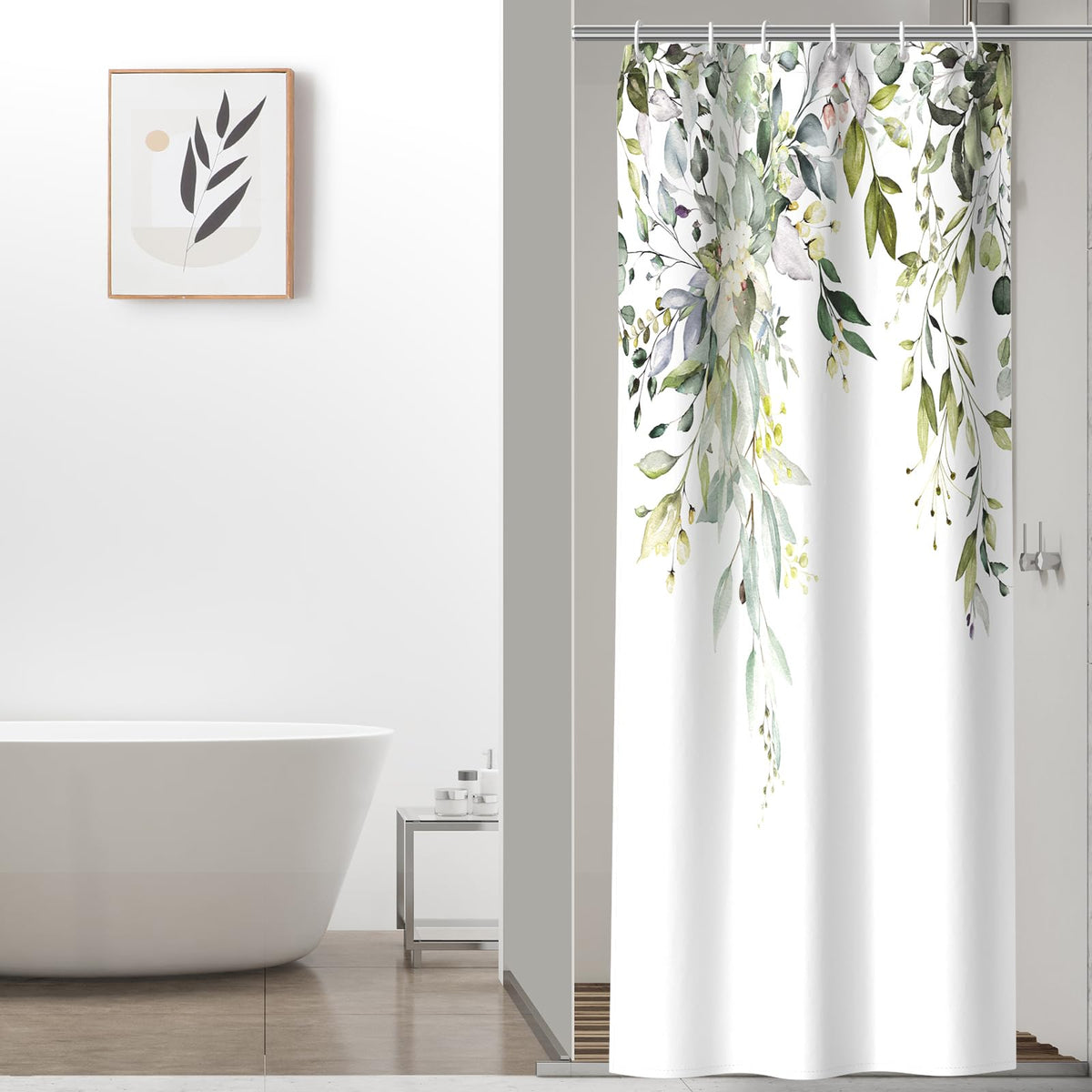 Colorful Star Grey Eucalyptus Floral Shower Curtain with Hooks, 72"W x 84"L