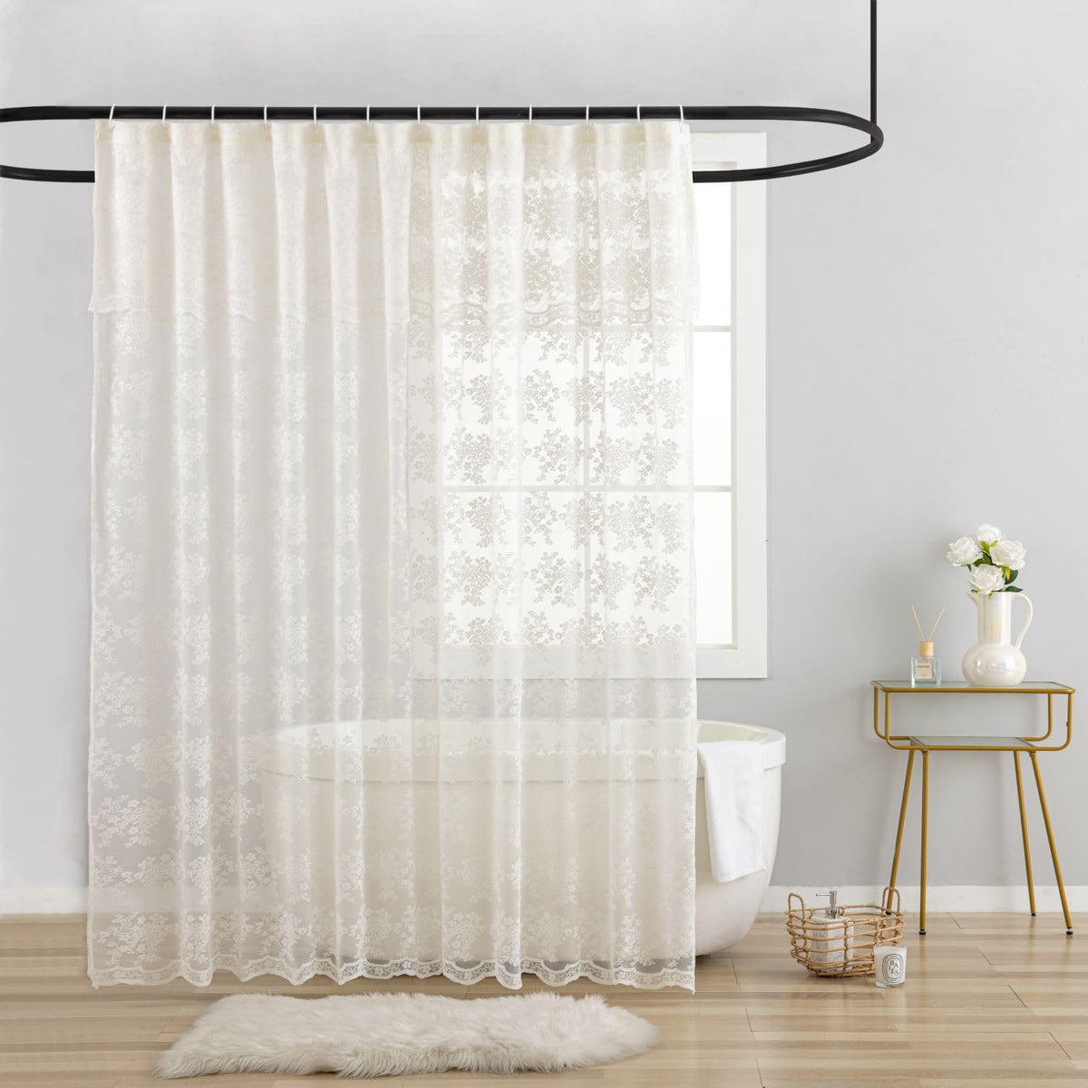 TUDECO Pink Lace Shower Curtain with Attached Valance, 72x72 Inch, 1 Panel