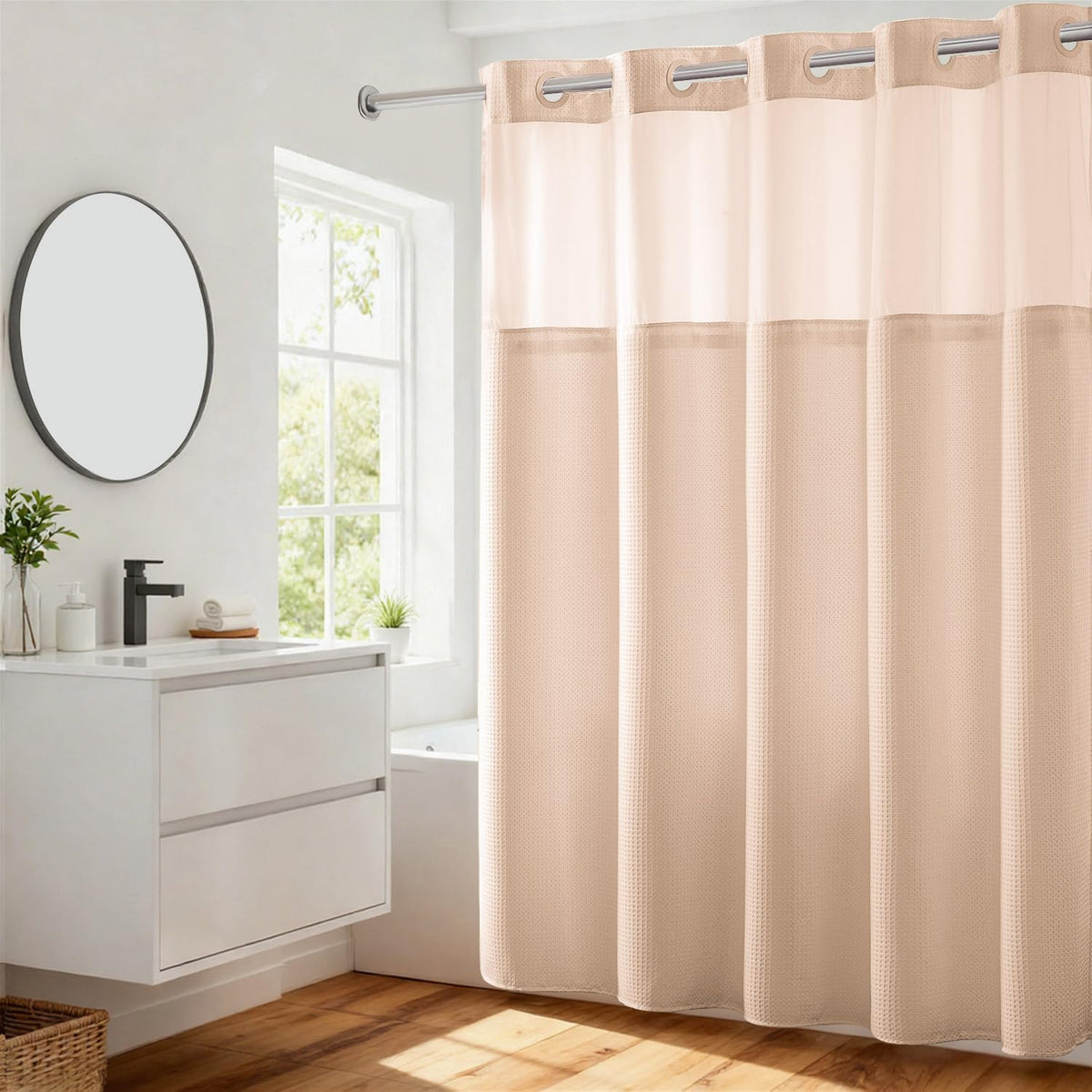 RiverDream Heavyweight Waffle No Hook Shower Curtain with Liner,White,71x74